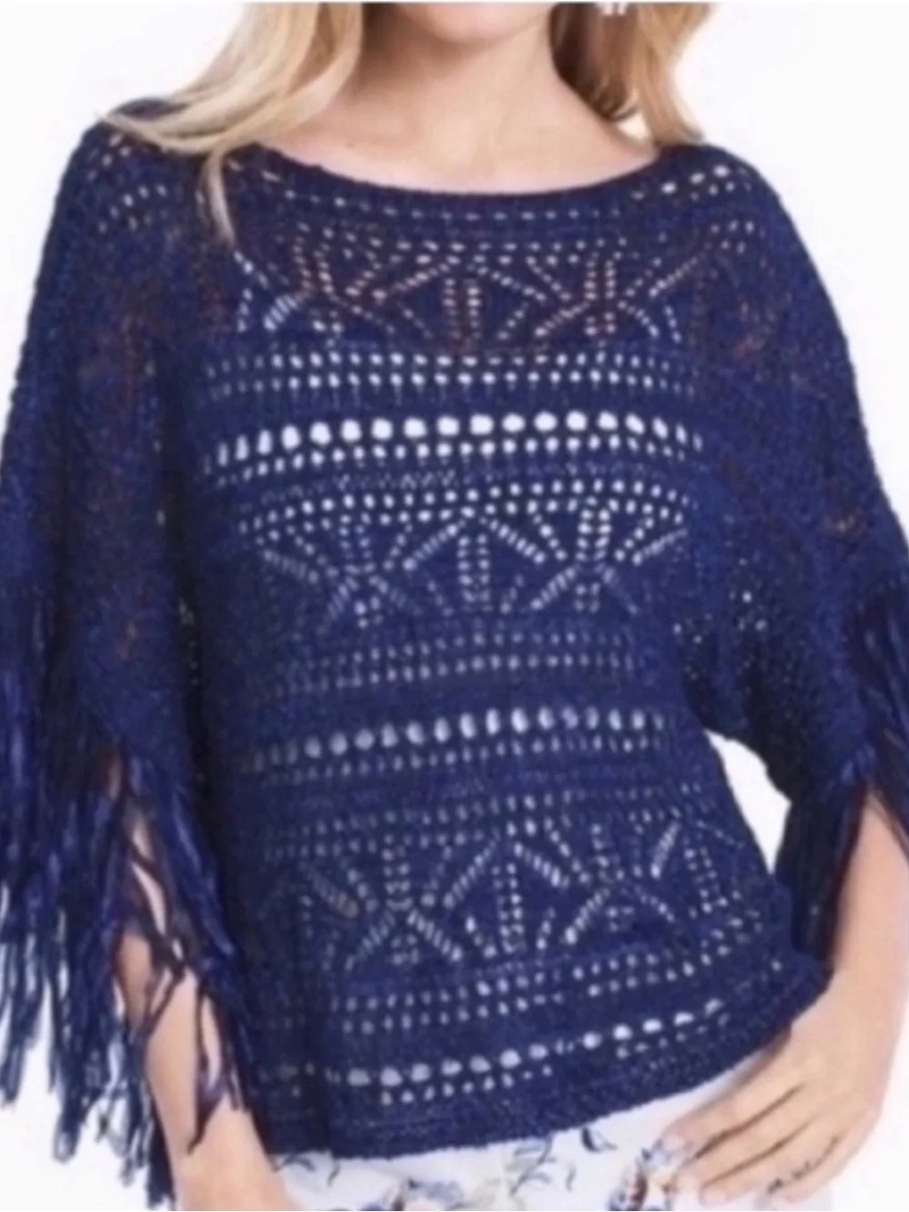 WHBM Fringed Open Weave Tunic in Navy Womens XS Wide Neckline Coastal Cowgirl